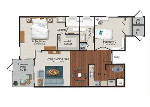 Floor plan for 2 beds, 2 baths, 950 sqft